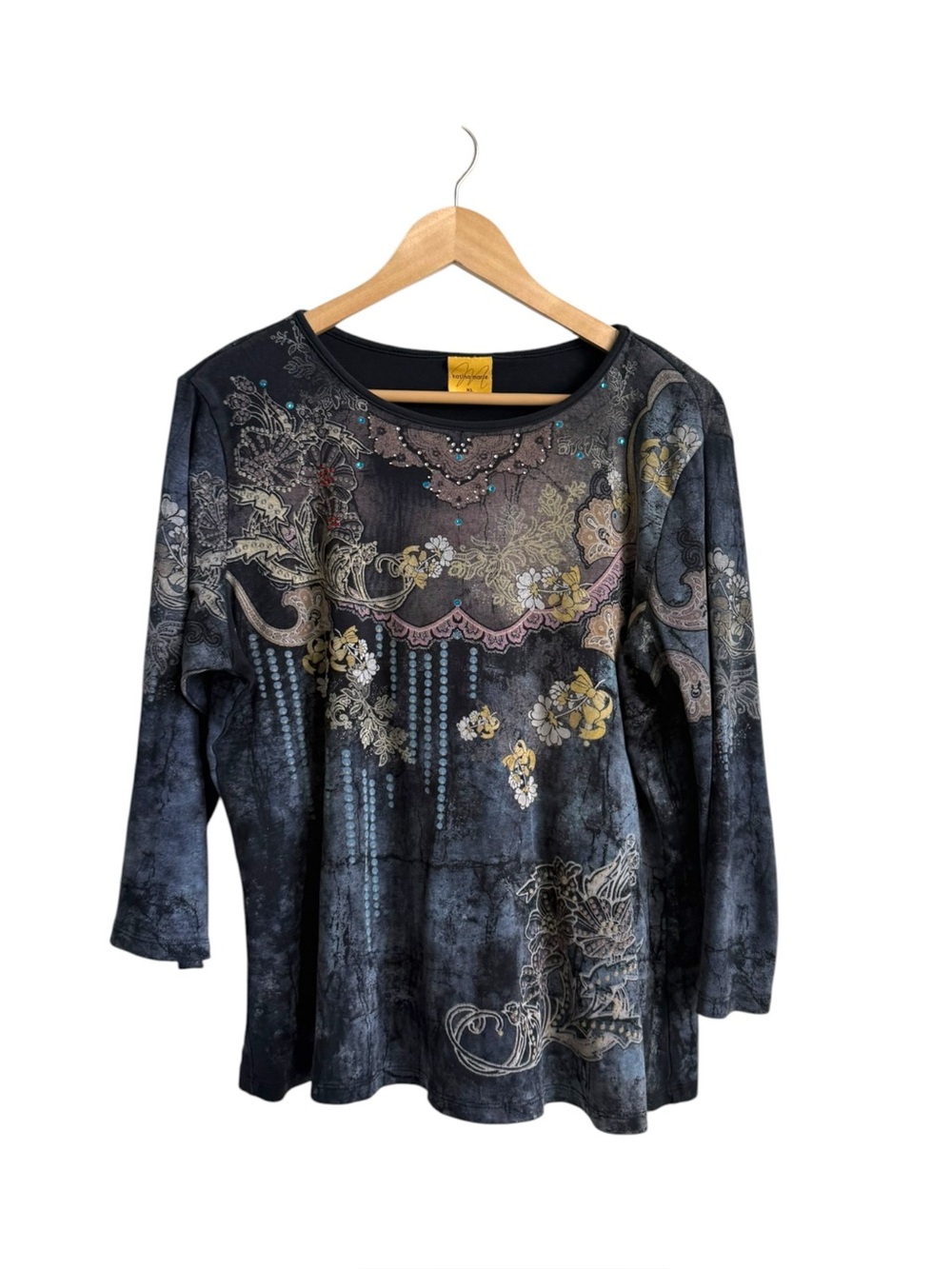 Vintage Katina Marie Y2K Rhinestone Graphic Top 3/4 Sleeve Made USA XL